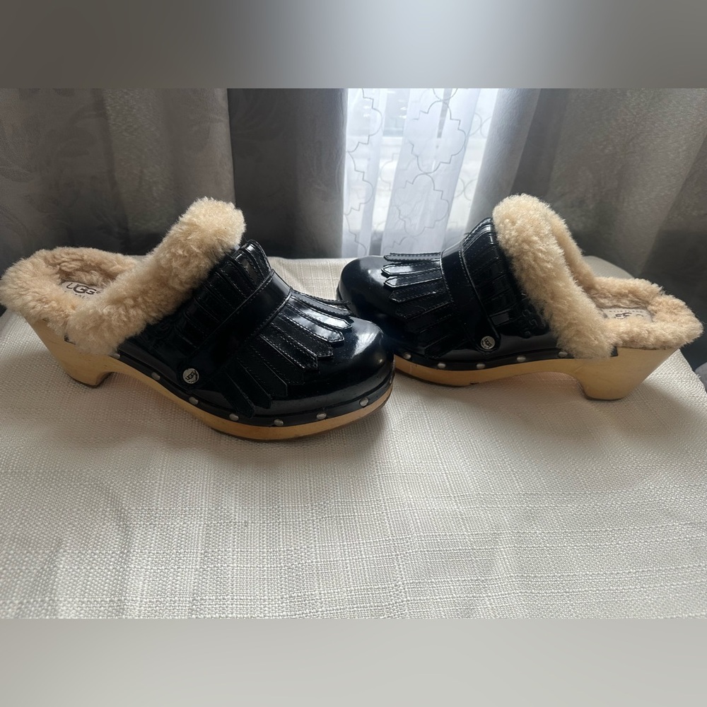 UGG Black Leather Clogs with Cream Fur Lining